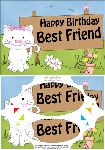 A5 Cute Cat Happy Birthday BEST FRIEND Scallop Corners and Pyramage