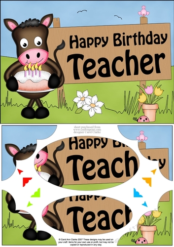A5 GiGi Horse Happy Birthday TEACHER Scallop Corners and Pyramage