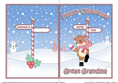 5 x 7 Quick Cut and Fold Card - Merry Christmas GREAT GRANDMA with Rudolph