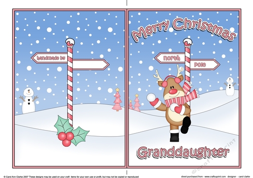 5 x 7 Quick Cut and Fold Card - Merry Christmas GRANDDAUGHTER with Rudolph