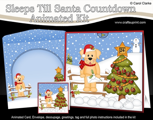 3D Animated Sleeps Till Santa Christmas Tree Countdown Card Kit - Little Golden Labrador Dog Sunny