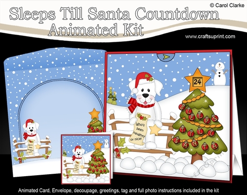 3D Animated Sleeps Till Santa Christmas Tree Countdown Card Kit - Little White Labrador Dog Dash