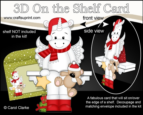 3D Christmas On the Shelf Card Kit - Cute Christmas Unicorn has a Star & Teddy
