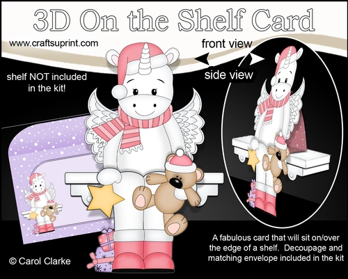 3D Christmas On the Shelf Card Kit - Cute Christmas Unicorn has a Star & Teddy