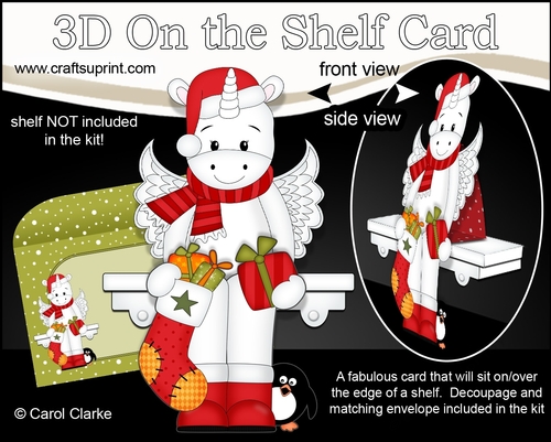 3D Christmas On the Shelf Card Kit - Cute Christmas Unicorn has an Xmas Stocking & Present