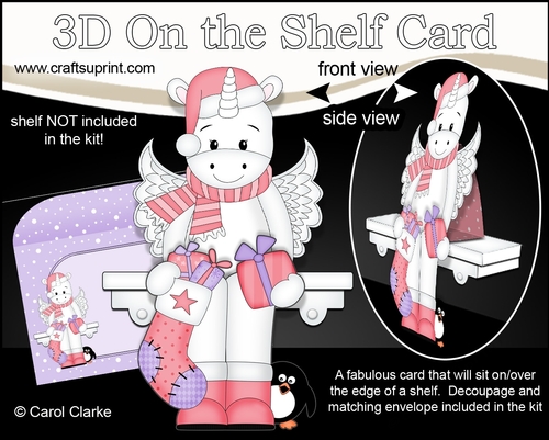 3D Christmas On the Shelf Card Kit - Cute Christmas Unicorn has an Xmas Stocking & Present
