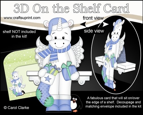 3D Christmas On the Shelf Card Kit - Cute Christmas Unicorn has an Xmas Stocking & Present