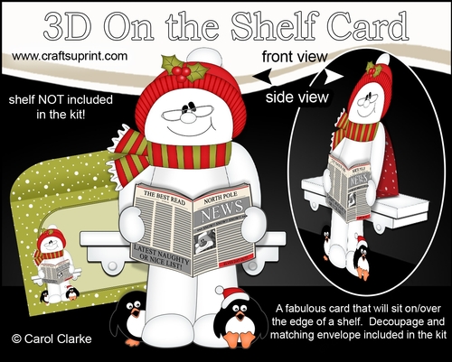 3D Christmas On the Shelf Card Kit - Christmas Snowman is reading the North Pole News