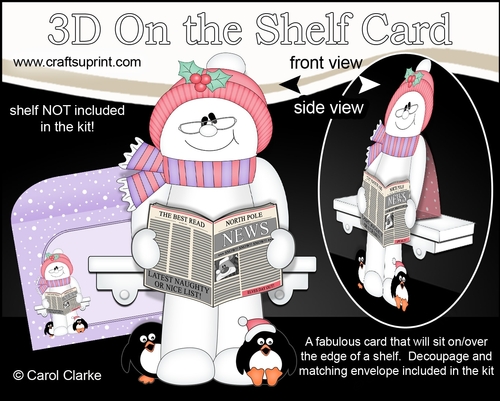 3D Christmas On the Shelf Card Kit - Christmas Snowman is reading the North Pole News
