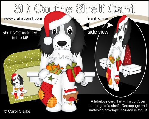 3D Christmas On the Shelf Card Kit  - Christmas Springer Spaniel Dog has an Xmas Stocking