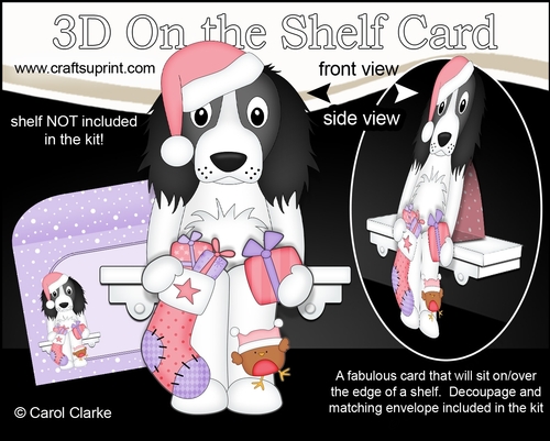 3D Christmas On the Shelf Card Kit  - Christmas Springer Spaniel Dog has an Xmas Stocking