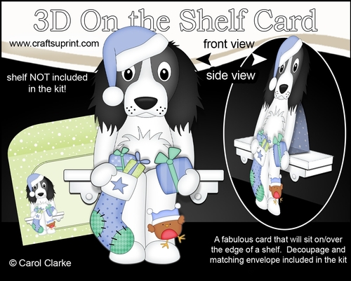 3D Christmas On the Shelf Card Kit  - Christmas Springer Spaniel Dog has an Xmas Stocking