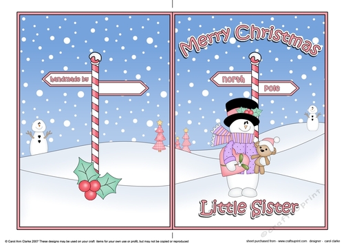 5 x 7 Quick Cut and Fold Card - Merry Christmas LITTLE SISTER with Snowman Rio