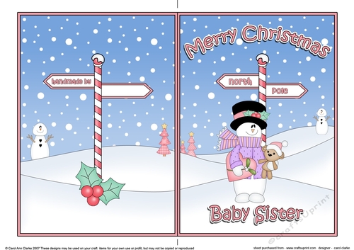 5 x 7 Quick Cut and Fold Card - Merry Christmas BABY SISTER with Snowman Rio