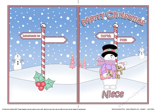 5 x 7 Quick Cut and Fold Card - Merry Christmas NIECE with Snowman Rio