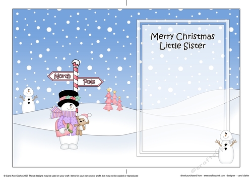 5 x 7 matching insert -  Merry Christmas LITTLE SISTER with Snowman Rio
