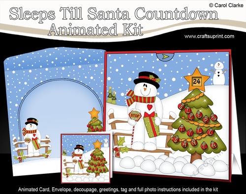3D Animated Sleeps Till Santa Christmas Tree Countdown Card Kit - Snowman Rio has an Xmas Present