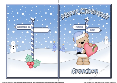 5 x 7 Quick Cut and Fold Card - Merry Christmas GRANDSON with Livvy Bear