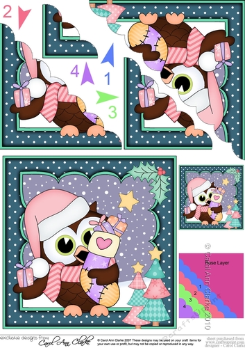 Christmas Little Hoot Owl has a Christmas Stocking Scallop Corner Topper