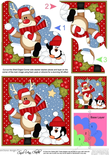 Christmas Rudolph is having a Snowball Fight Shell Edged Corner Stacker