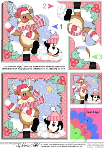 Christmas Rudolph is having a Snowball Fight Shell Edged Corner Stacker