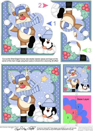 Christmas Rudolph is having a Snowball Fight Shell Edged Corner Stacker