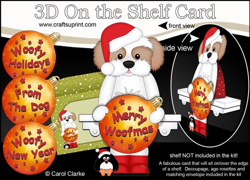3D Christmas On the Shelf Card Kit - Cute Little Cavachon Dog has an Xmas Bauble with Greetings Sentiments Decoupage