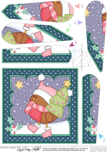 Christmas Bobbin Robin has an Xmas Tree Fan Pyramage Topper