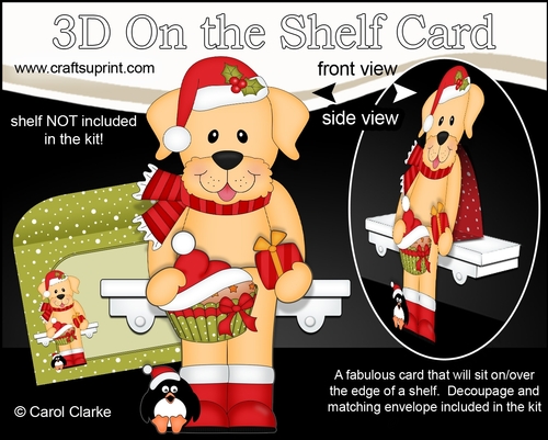 3D Christmas On the Shelf Card Kit - Cute Christmas Golden Labrador Dog Sunny has a Festive Cupcake