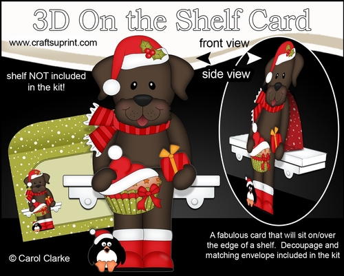 3D Christmas On the Shelf Card Kit - Cute Christmas Chocolate Labrador Dog Chip has a Festive Cupcake