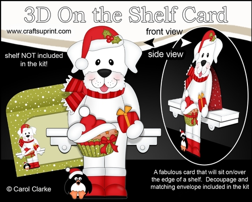 3D Christmas On the Shelf Card Kit - Cute Christmas White Labrador Dog Dash has a Festive Cupcake