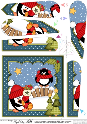 Christmas Pip Penguin has an Xmas Stocking Fan Pyramage Topper