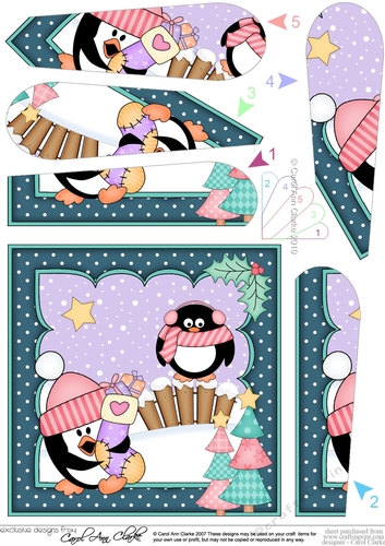 Christmas Pip Penguin has an Xmas Stocking Fan Pyramage Topper