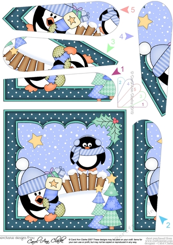 Christmas Pip Penguin has an Xmas Stocking Fan Pyramage Topper