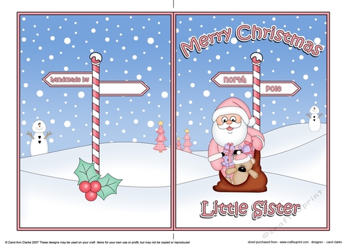 5 x 7 Quick Cut and Fold Card - Merry Christmas LITTLE SISTER with Santa