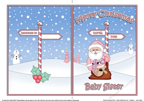 5 x 7 Quick Cut and Fold Card - Merry Christmas BABY SISTER with Santa