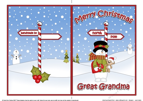 5 x 7 Quick Cut and Fold Card - Merry Christmas GREAT GRANDMA with Snowman Rio
