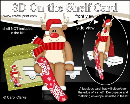 3D Christmas On the Shelf Card Kit - Christmas Rudolph is going Snowboarding