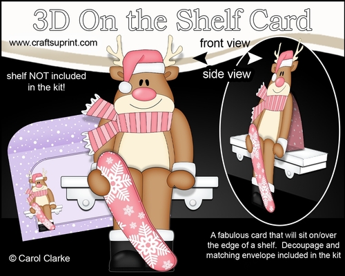 3D Christmas On the Shelf Card Kit - Christmas Rudolph is going Snowboarding