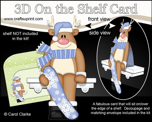 3D Christmas On the Shelf Card Kit - Christmas Rudolph is going Snowboarding