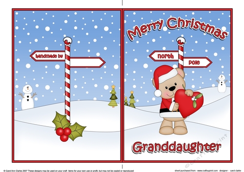 5 x 7 Quick Cut and Fold Card - Merry Christmas GRANDDAUGHTER with Livvy Bear