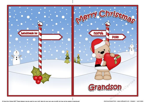 5 x 7 Quick Cut and Fold Card - Merry Christmas GRANDSON with Livvy Bear