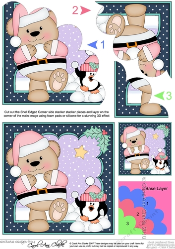 Christmas Livvy Bear & Pip Penguin are having a Snowball Fight Shell Edged Corner Stacker