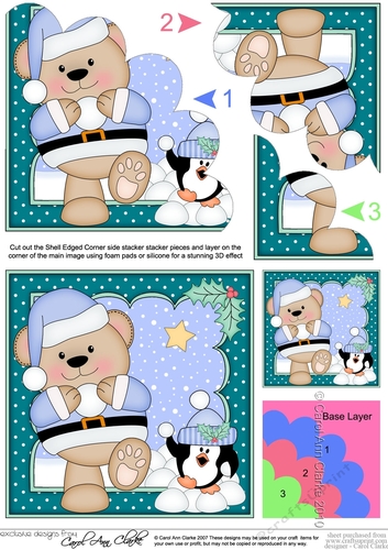 Christmas Livvy Bear & Pip Penguin are having a Snowball Fight Shell Edged Corner Stacker