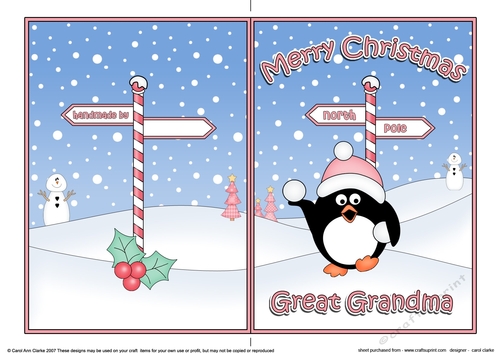 5 x 7 Quick Cut and Fold Card - Merry Christmas GREAT GRANDMA with Pip Penguin