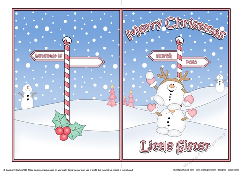 5 x 7 Quick Cut and Fold Card - Merry Christmas LITTLE SISTER with Snowball Sam