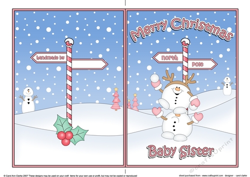 5 x 7 Quick Cut and Fold Card - Merry Christmas BABY SISTER with Snowball Sam
