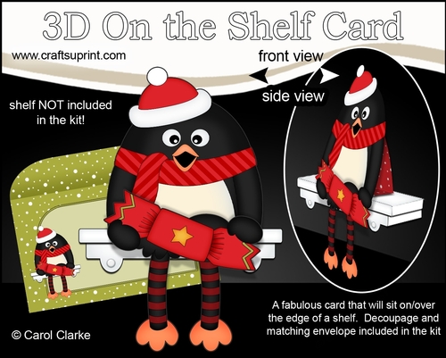3D Christmas On the Shelf Card Kit - Christmas Penguin Pip has an Xmas Cracker