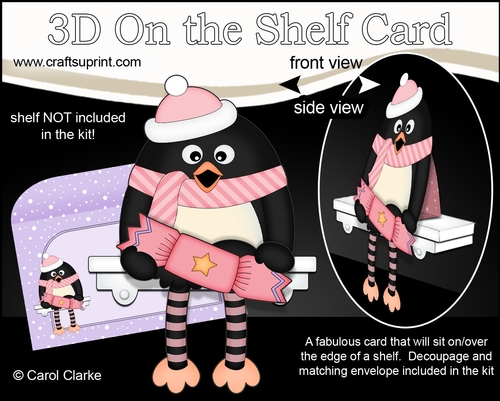 3D Christmas On the Shelf Card Kit - Christmas Penguin Pip has an Xmas Cracker
