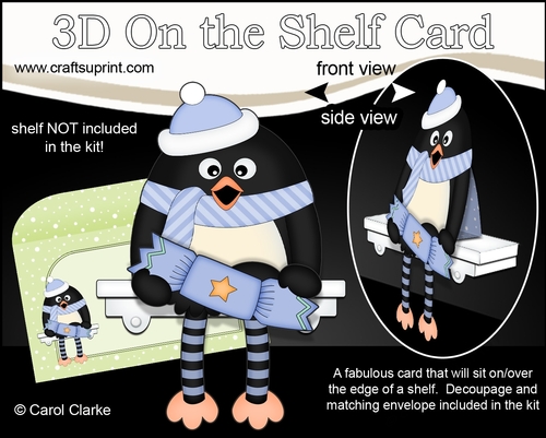 3D Christmas On the Shelf Card Kit - Christmas Penguin Pip has an Xmas Cracker